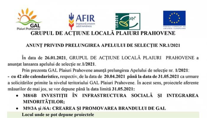 GAL Plaiuri Prahovene: ANUNŢ PRIVIND PRELUNGIREA APELULUI DE SELECŢIE NR.1/2021